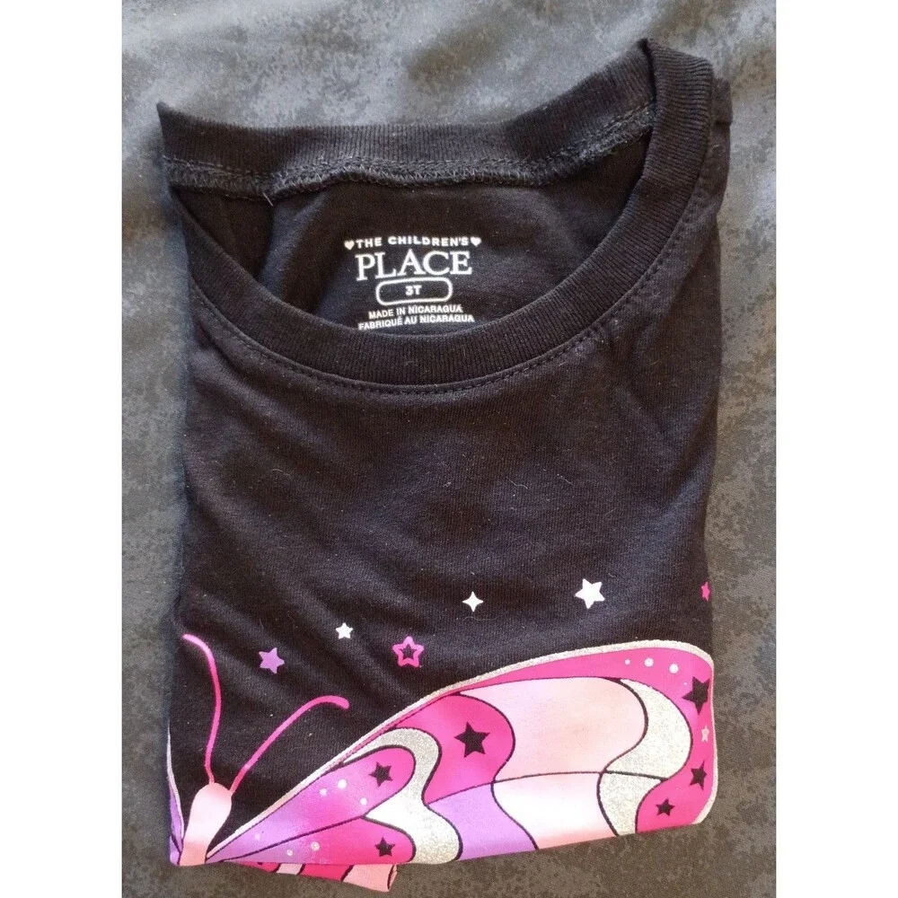 The Children's Place Girls 3T Black Crew Neck Short Sleeve Butterfly Graphic Tee
